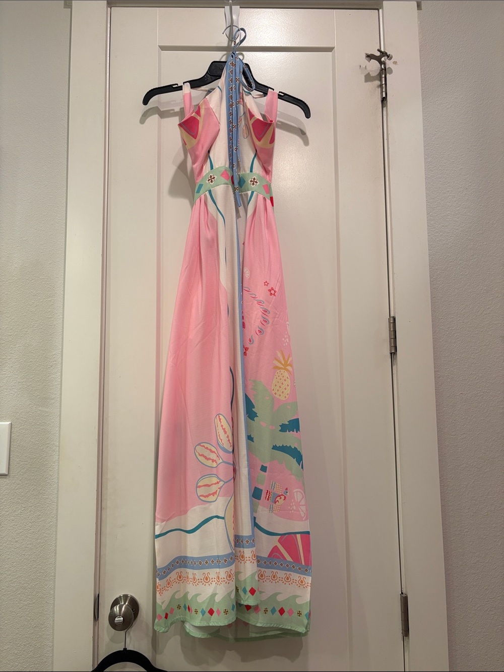 Pastel Pink Tropical Print Maxi Open Back Dress